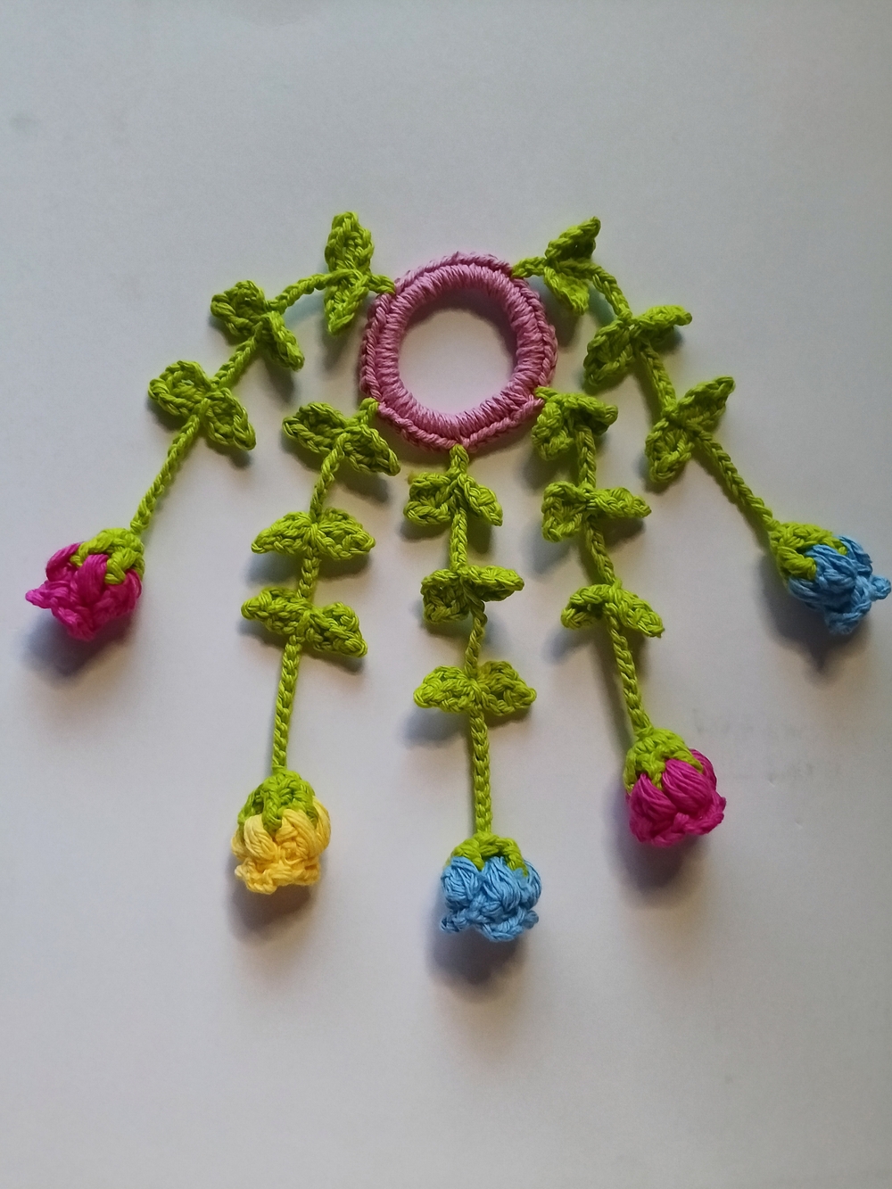 Handmade Green Floral Crochet Hair Tie with Multi-Colored Flowers. 100% Cotton